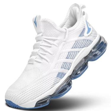 Imagem de Pozvnn Tênis de corrida masculino, com almofada de ar, sem cadarço, para caminhada, tênis, moda, casual, respirável, trilha, esporte, academia, Branco, azul, 39