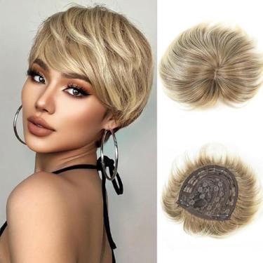 Imagem de BECUS Toppers Para Cabelo Feminino Com Desbaste 360°, Cobertura 3D, 6,5 X 6 Polegadas, Corte Pixie Curto Dourado, Peruca Sintética (Loiro E Castanho Misto)
