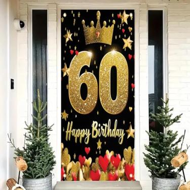 Imagem de Saoplasa Decoração de porta de aniversário de 60 anos, 188 x 89 cm, coroa dourada com glitter, faixa de coração para festa de 60 anos, decoração de parede para mulheres e homens celebração