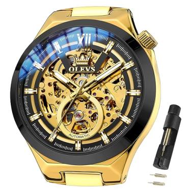 Imagem de OLEVS Relógios de pulso masculinos automáticos esqueleto com corda automática, designer mecânico, luxuoso, aço inoxidável, impermeável, original, relógios de pulso para homens, 6722: pulseira dourada