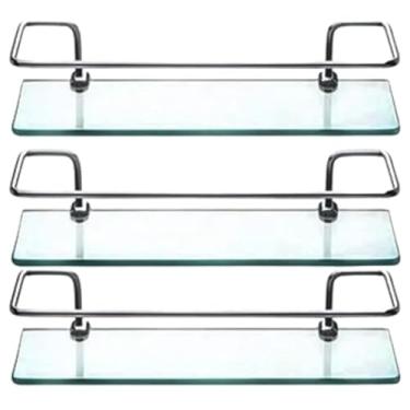 Imagem de Kit 3 Prateleiras de Vidro para Banheiro, Incolor, Alumínio, 40cm, Design Moderno, Suporte Reto, com Kit de Instalação