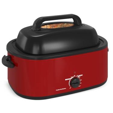 Imagem de Torradeira de peru buffet de 24 litros com tampa autobasting, forno elétrico de 1450 W com alças de toque frio, torradeira de aço inoxidável com bandeja e rack removíveis, vermelho