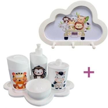 Imagem de Kit Higiene Bebê Safari Macaco, zebra e tigre + Cabideiro Infantil Nuv