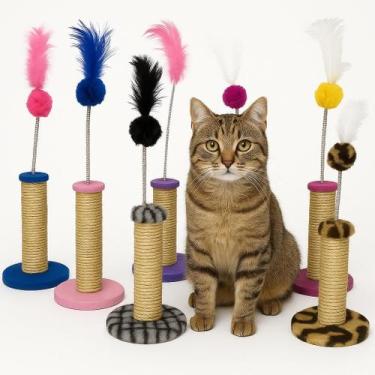 Imagem de Arranhador Redondo Torre com Mola Bola e Pena Interativa para Gatos - 
