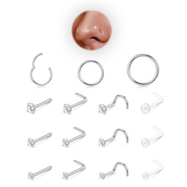 Imagem de Conjunto de argolas de nariz de 18 g e 20 g para mulheres e homens, anéis de nariz de segmento articulados hipoalergênicos, piercing de nariz de zircônia cúbica delicada e pinos transparentes