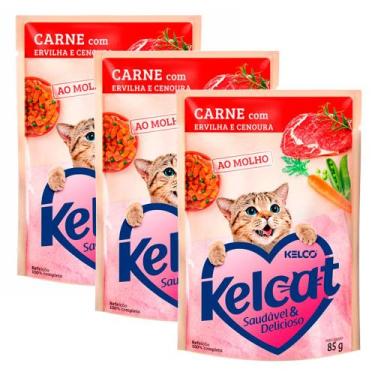 Imagem de Kit 3 Ração Úmida para Gatos Kelcat Sabor Carne com Ervilha e Cenoura 