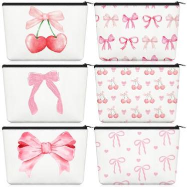 Imagem de Conjunto de bolsa de maquiagem Yeyeplum Cute Bow Pink, bolsa de cosmét