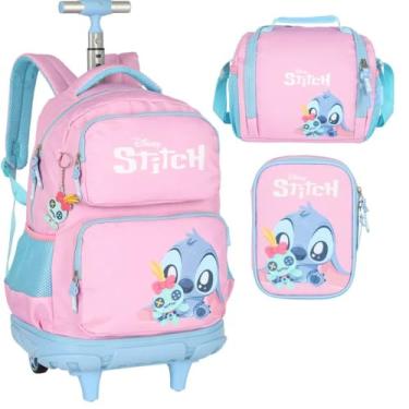 Imagem de Mochila Infantil Rodinhas Stitch com Lancheira e Estojo 100 Pens Rosa