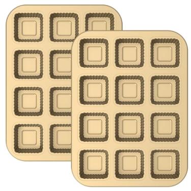 Imagem de XYTZHSAI 2 formas quadradas de aço carbono, antiaderente, forma de cupcake com 12 cavidades, fácil de limpar, bandeja multiuso para muffin com borda ondulada para assar no forno (dourado, 2)