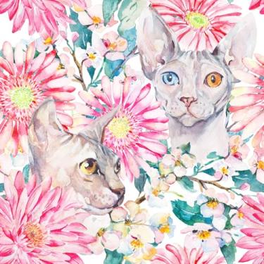 Imagem de Papel de parede de gato rosa sem pêlos, papel de parede floral impermeável 45 cm x 118 pol. Papel de parede autoadesivo removível para paredes de tábua de quarto