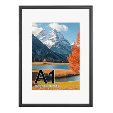 Imagem de Moldura para pôster A1, moldura de 50 x 84 cm, fosca para 40 x 60 cm, moldura A1 de madeira maciça - pendurar na parede horizontal e vertical para casa, exposição, café (preto)