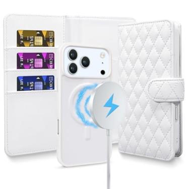 Imagem de Harryshell Capa carteira removível para iPhone 16E compatível com Magsafe RFID com compartimentos para cartões, suporte, couro PU, capa protetora para homens e mulheres, acolchoada branca