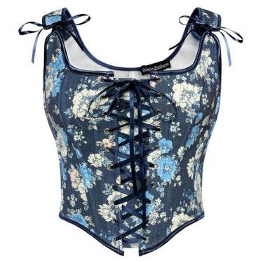 Imagem de Espartilho Scarlet Darkness azul marinho floral renascentista tamanho 