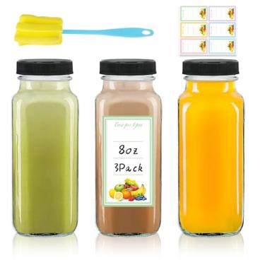 Imagem de Dayify Pacote com 3 garrafas de suco de vidro de 227 g com tampas, garrafas de suco de vidro reutilizáveis de 250 ml, potes quadrados para beber recipientes com tampas para água, leite, gengibre