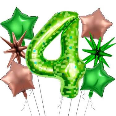 Imagem de 7Pcs 40 inch Green Pixel Pattern Number 4 Balloon Set with Exploding Star and Star Foil Balloons for Birthdays and Themed Parties