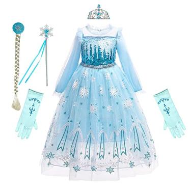 Imagem de REXREII Girls Frozen Elsa Princess Dress Long Sleeves Halloween Costume Christmas Birthday Evening Party Ball Gown w/Accessories 6-7T