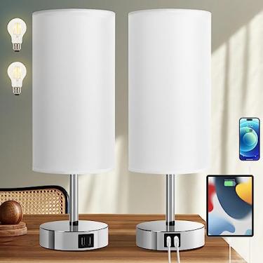 Imagem de Luminárias de cabeceira com porta USB - Abajur de mesa com controle de toque para quarto de 3 vias conjunto de 2 com sombra de tecido branco redondo para sala de estar, dormitório, escritório em casa (pacote com 2)