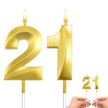 Imagem de Velas de aniversário de 21 anos, douradas, 21 velas para bolo, velas de aniversário de 21 anos, velas brilhantes para bolo, decorações de bolo de aniversário de 21 anos para ela, número 21, velas,