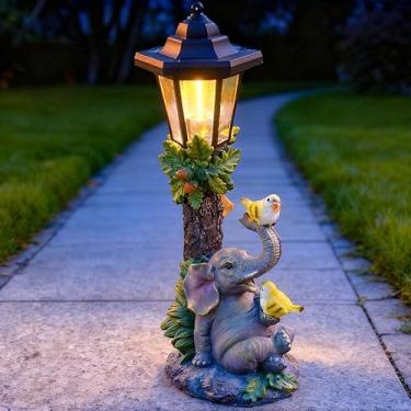 Imagem de Estátuas de jardim solar de elefante, decoração ao ar livre - estatuetas de elefante e pássaro com luz LED, varanda, quintal, ornamentos de gramado - presentes exclusivos de aquecimento de casa de