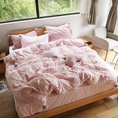 Imagem de Conjunto de capa de edredom de malha de flanela com pompom, conjunto de cama felpudo espesso, com zíper, respirável, ultramacio, para decoração refinada - rosa solteiro 150 x 200 cm (59 x 79 polegadas