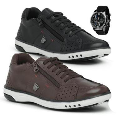 Imagem de Combo 2 Pares De Sapatenis Madrid + Relogio - Preto E Cafe-Masculino