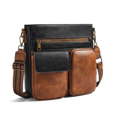 Imagem de Yarnic Bolsas transversais para mulheres, bolsas transversais com vários bolsos, bolsas de ombro de couro vegano com ampla alça ajustável, Castanha preta, Bolsa transversal