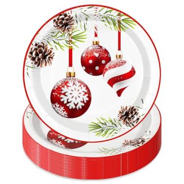 Imagem de JarThenaAMCS 50 peças de pratos de papel de Natal, bola de Natal, descartáveis, pratos redondos 23 cm decorativos, prato de sobremesa, para festa de inverno, suprimentos de mesa