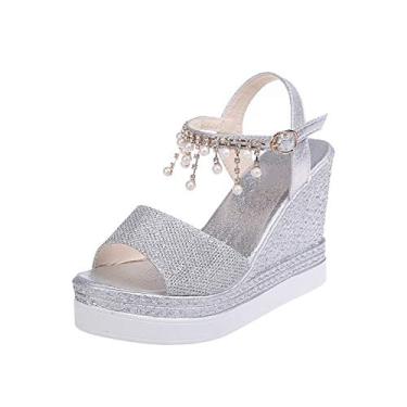 Imagem de Bigfanshu 2020 Sandálias femininas anabela novas contas cravejadas detalhes fivela tira peep toe fundo grosso sapatos casuais, Prata, 4