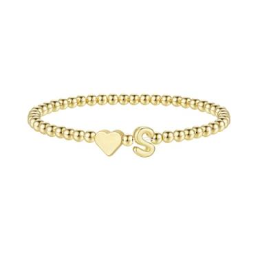 Imagem de M MOOHAM Pulseira feminina com inicial de coração – Pulseiras delicadas com contas douradas para mulheres, pingente moderno, letra A-Z, joias de coração personalizadas, presentes, 6.5", Latão, Sem