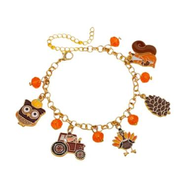 Imagem de MMIUAEG Pulseira de Dia de Ação de Graças Abóbora Peru Folha de Bordo Peru Esquilo Pinha Abóbora Pulseira Ajustável para Mulheres Joias de Outono e Férias, Medium, Zinco, Sem Pedra Preciosa
