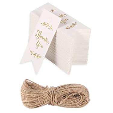 Imagem de Generic 100 etiquetas de agradecimento com corda de cânhamo de 10,9 metros, etiquetas de presente de agradecimento para lembrancinhas, chá de bebê, casamento, férias, presente de formatura