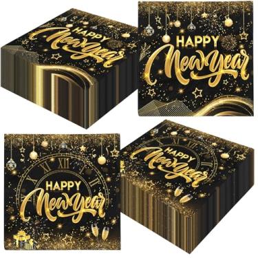 Imagem de Pacote com 40 guardanapos de ano novo, guardanapos descartáveis de ouro preto, guardanapos de jantar de feliz ano novo, guardanapos de papel decorativos para festas de fim de ano, artigos de festa de