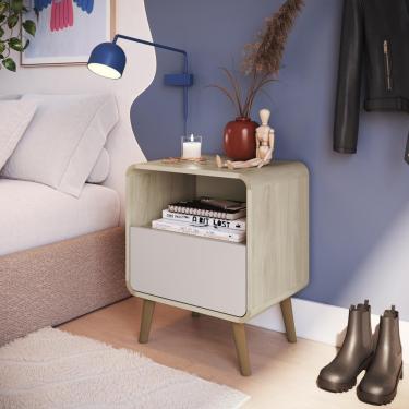 Imagem de Mesa De Cabeceira Canto Curvo Com Nicho 01 Gaveta E Pés Palito Retrô Carvalho Araguaia