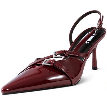 Imagem de Salto gatinho Slingback para mulheres, bico fino, bico fechado, salto baixo, vestido de casamento com alça de fivela, Vinho tinto, 37