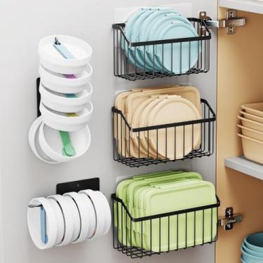 Imagem de NiHome 3 organizadores de tampa de porta de armário e 2 peças de suportes de tampa, adesivo ou montagem de parafuso, 3 tamanhos de cestas de metal à prova de ferrugem para tampas de tupperware, copos