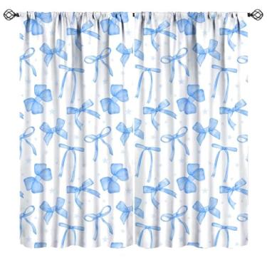 Imagem de Cortinas de laço azul para meninas, laço de fita coquete, princesa, romântica, cortina de janela estética para quarto de crianças, meninas, sala de estar, banheiro, 106,7 x 114,3 cm (sem apagão)