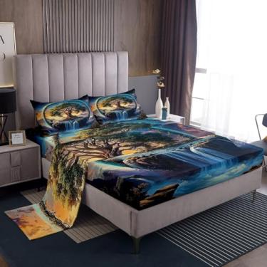 Imagem de Manfei Jogo de lençol casal árvore da vida, 4 peças, tema boêmio, paisagem natural, galáxia misteriosa estrelada + lençol com elástico para decoração de quarto de crianças, meninas, meninos e