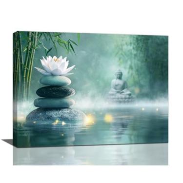 Imagem de Olivine Arte de parede Zen, decoração de parede com imagens de lótus de Buda, pintura de impressões em tela de flores de pedras, arte emoldurada para meditação, banheiro, quarto, sala de estar
