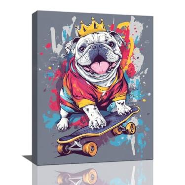 Imagem de Arte de parede de pug engraçada grafite cachorro pug decoração de parede Banksy Dog pintura em tela skate imagem arte moderna decoração de casa para banheiro quarto escritório sala de estar emoldurada