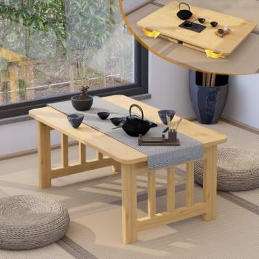 Imagem de CHQUZH Mesa de centro dobrável japonesa, mesa baixa dobrável de bambu para sentar no chão, sem montagem, mesa de chá portátil Chabudai para tatami, janela de sacada, meditação, altar (cor de madeira)