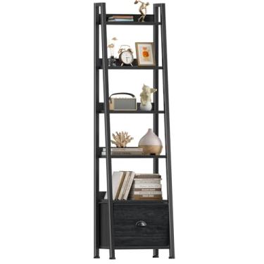 Imagem de Furologee Prateleira de escada de 6 níveis, prateleira de escada com gaveta, estante alta industrial, organizador de rack de armazenamento, prateleiras independentes de metal de madeira para sala de