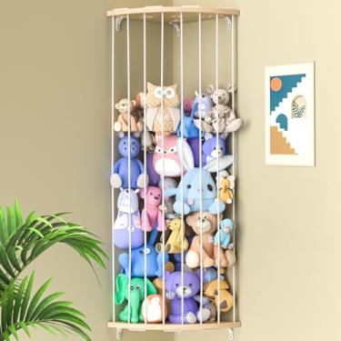 Imagem de Jtksfcl Suporte de brinquedos de pelúcia de canto de madeira para armazenamento de animais de pelúcia com padrão de estrela, comprimento ajustável, prateleira organizadora de brinquedos para berçário