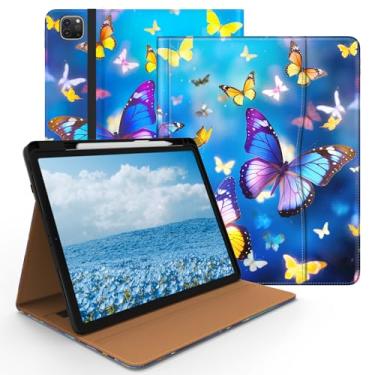 Imagem de Jarviwiin Capa para iPad Pro 12.9 6ª/5ª/4ª/3ª geração 2022/2021/2020/2018, capa de couro PU de 12,9 polegadas com suporte para lápis/suporte multiângulo/bolso, despertar/hibernar automaticamente, azul