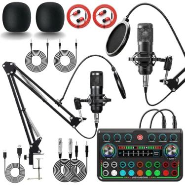 Imagem de Pacote de equipamento de podcast atualizado 2025 para 2, kit de estúdio de gravação com microfones condensadores duplos, mixer de interface de áudio (4 efeitos sonoros personalizados), configuração