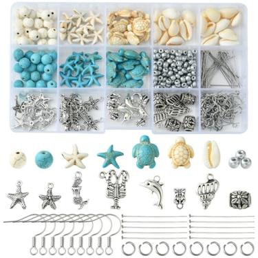 Imagem de MakemadeDIY 360 peças de contas turquesa de praia para fazer joias, tartaruga, oceano, conchas, estrela-do-mar, peixe, berloques boêmios, pingentes para pulseiras, colares, brincos, artesanato