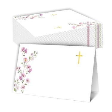 Imagem de DRWJPAT Cartões de batismo, cartão de nome floral para configuração de mesa, 25 cartões de mesa religiosos para jantar de batismo de primeira comunhão, decorações de presentes de batismo para meninas