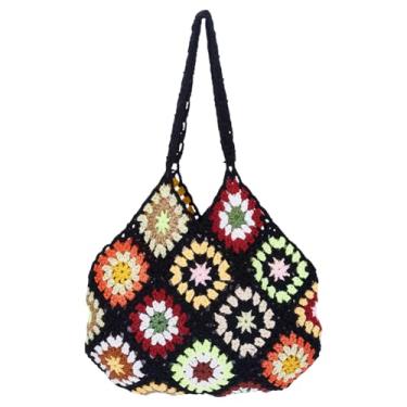 Imagem de FREEBLOSS Bolsas de praia de crochê para mulheres, bolsa de malha boho, bolsas de tecido macio, bolsa de ombro quadrada para férias de verão bolsa de praia feminina de malha