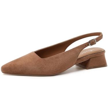 Imagem de Mostrin Sapato social feminino de salto alto grosso D'Orsay Slingback salto bloco fechado bico quadrado para trabalho, escritório, dia a dia, casamento, Camurça marrom nº 03, 35
