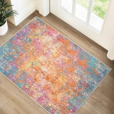 Imagem de RELEANY Tapetes laváveis de 6 cm x 7 cm antiderrapantes modernos abstratos macios para sala de estar, entrada, quarto, berçário, padrão, laranja, azul, rosa, amarelo, colorido