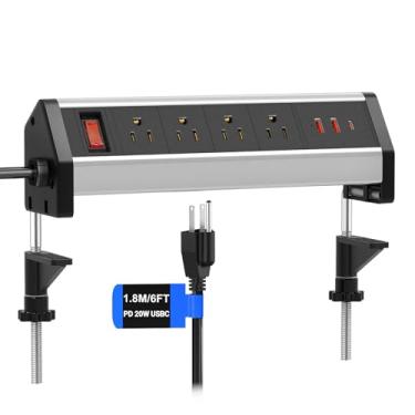 Imagem de Faixa de alimentação com braçadeira de mesa com PD 20W USB-C, estação de carregamento de mesa com 4 tomadas amplas 3 portas USB, serve para borda de mesa de 7 cm, cabo de extensão de 1,8 m para